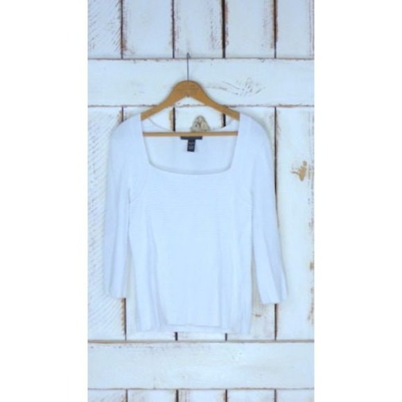 90s white fitted stretch ribbed pullover 3 quarter length sleeve top - Picture 2 of 5
